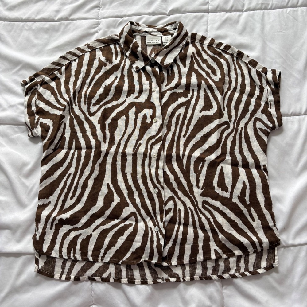Rachel Zoe Brown White Zebra Print 100% Linen Button Down Shirt Small  Luxury